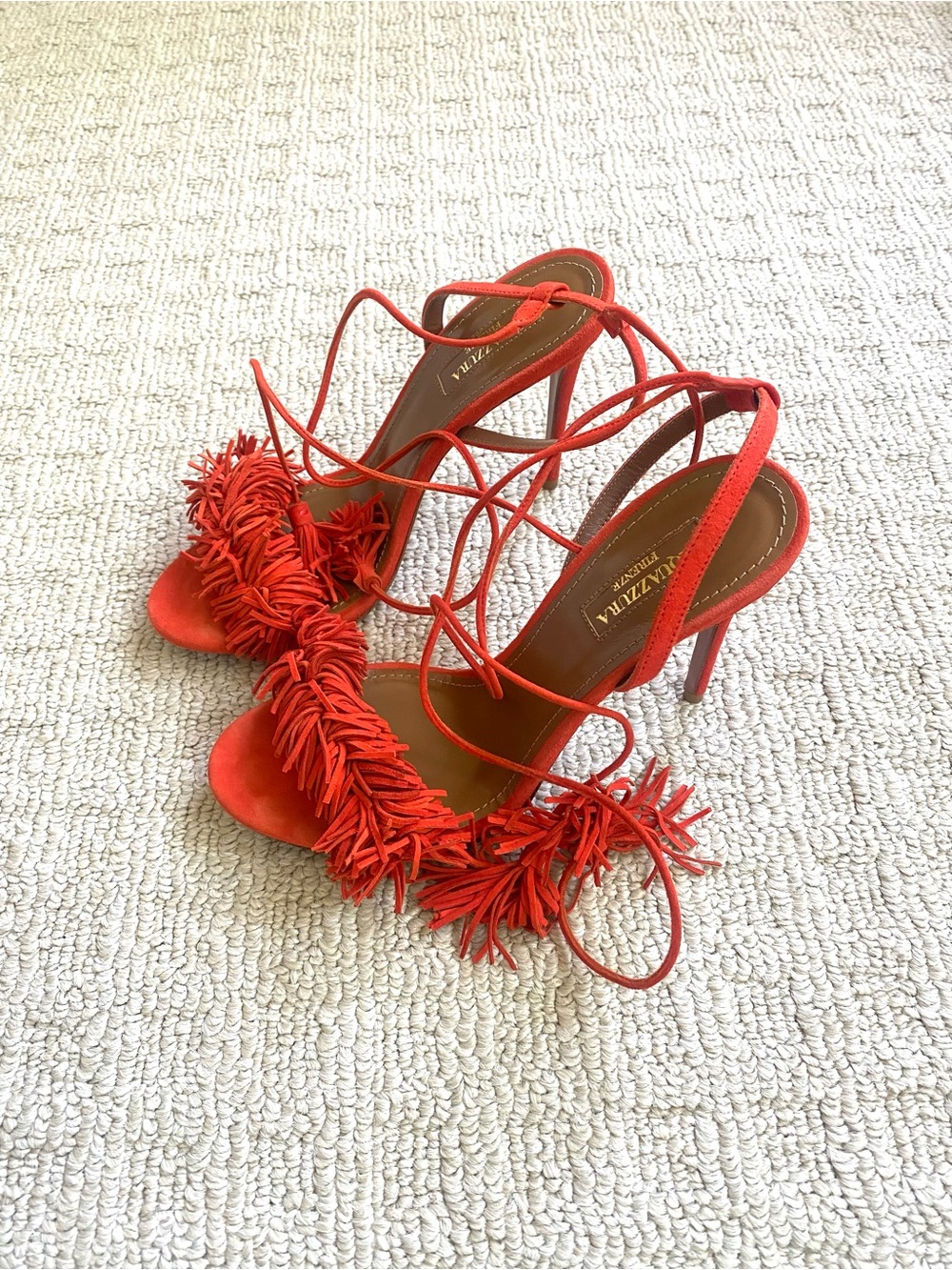 Aquazzura Orange ‘Wild Thing’ Suede Fringe Lace-Up Stiletto Sandals, size 7